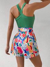 Women's Solid Color Halter Top And Printed Belted Shorts Set